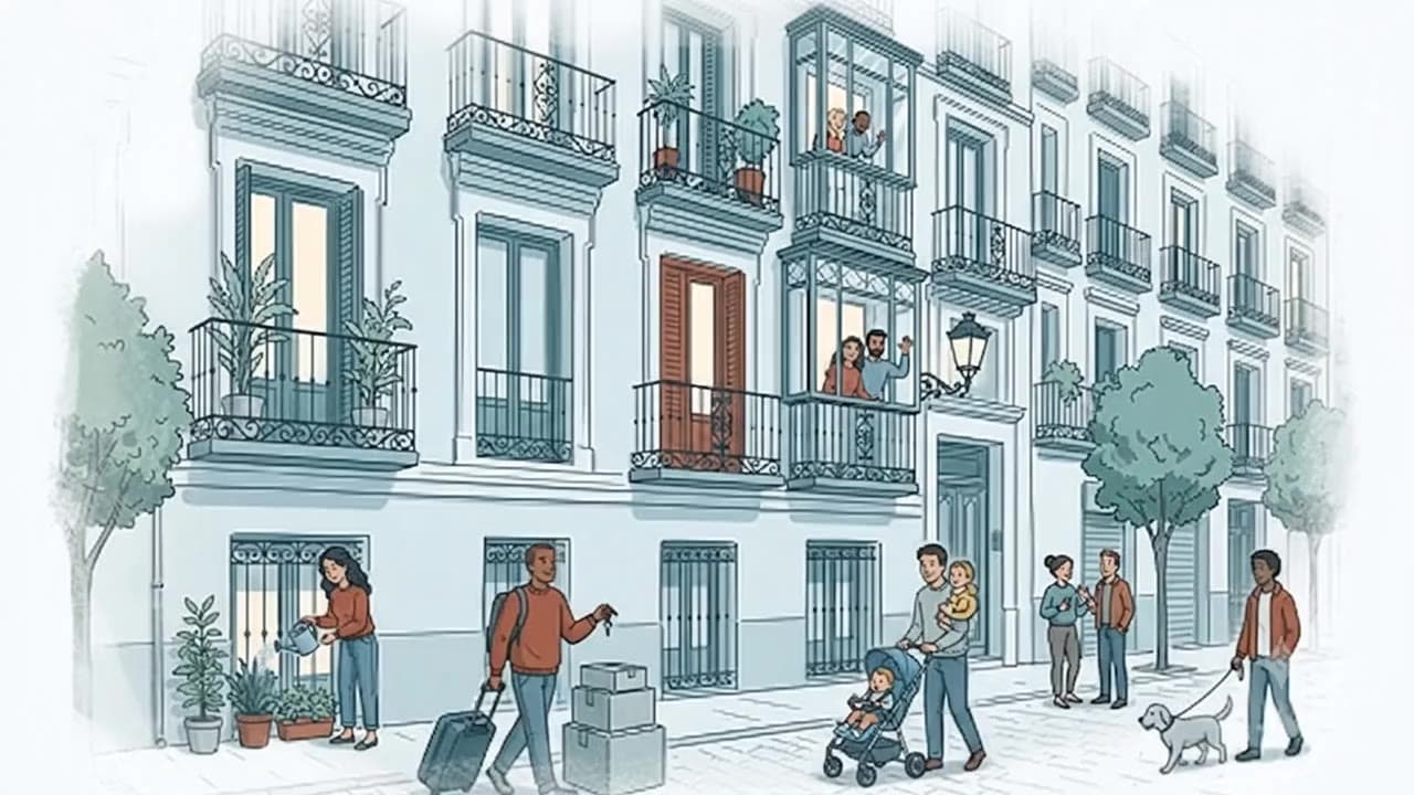 Illustrated Madrid street scene with residents outside an apartment building